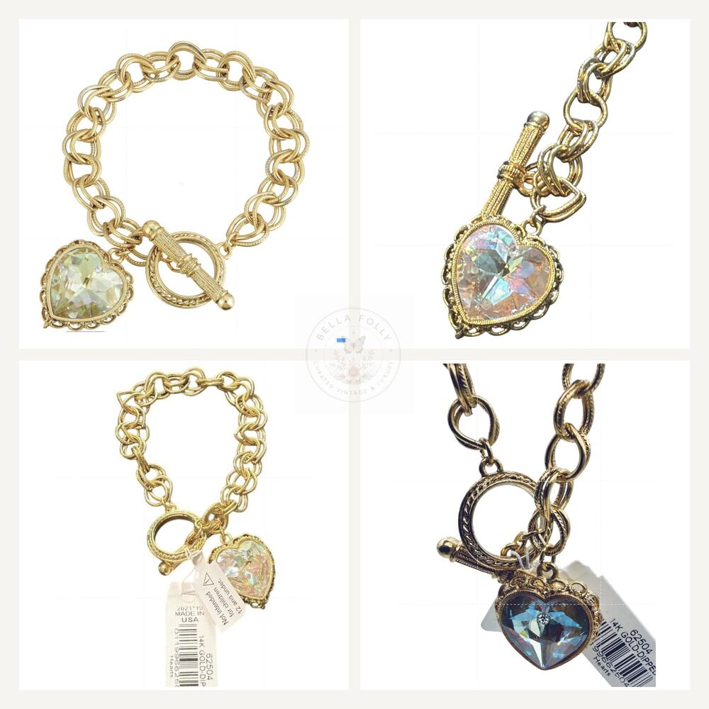 NWT 1928 Aurora Borealis Swarovski Crystal Heart Charm Bracelet Gold Netflix OBX